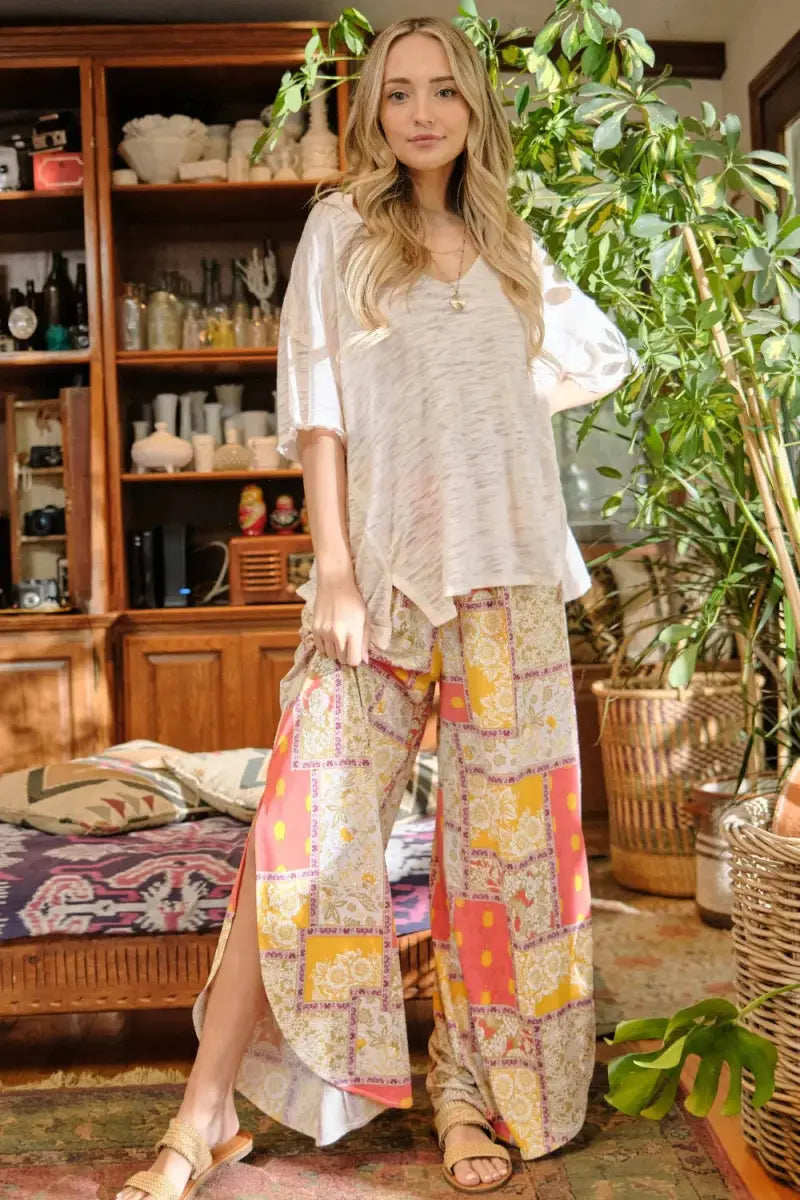 And The Why Printed Smocking Waist Side Slit Wide Leg Pants - Love Salve